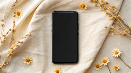 New Year Reset & Minimal Tech Lifestyle concept. A smartphone on a textured surface surrounded by delicate flowers.