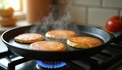 Fototapeta premium Close-up of pancakes cooking on black griddle with rising steam. Warm light streams through kitchen window illuminating breakfast preparation. Fresh, fluffy battercake sizzles over gas flames