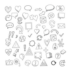 Collection of hand drawn doodle icons and symbols representing communication ideas and concepts in a sketchy black and white style