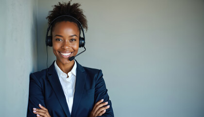 Smiling African American woman wears headset for customer support. She works in a call center, offering helpful assistance and solutions. Professional agent has crossed arms and looks ready to assist.