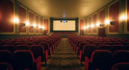 Empty Red Velvet Cinema Auditorium with Illuminated Screen and Warm Wall Sconces