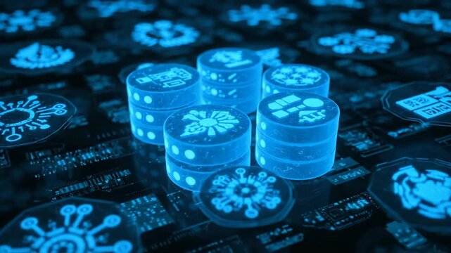 Glowing Blue Dice on Circuit Board Background with Digital Symbols