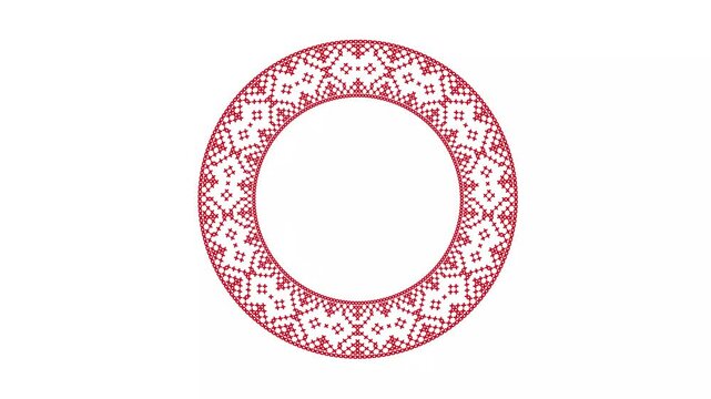 A decorative circular frame with red embroidered folk pattern rotates slowly against a clean white background. Perfect for cultural projects, textile branding, wedding invitations, or as a stylish tra