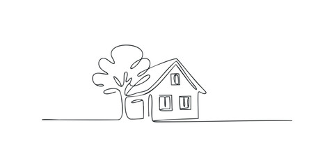 Simple line drawing of a house and tree