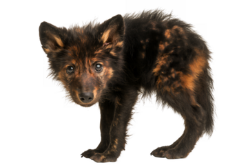 A cute young mixed breed dog with black and tan fur stands with its head tilted