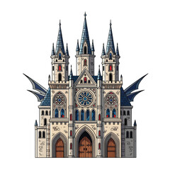 Fototapeta premium Gothic castle with dragon wings isolated on white background