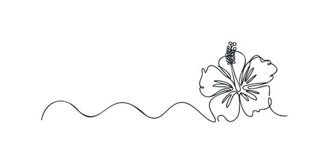 Continuous line drawing of a hibiscus flower with wavy line accent