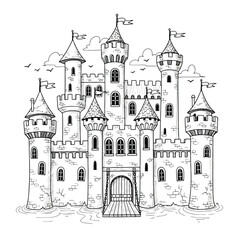 Obraz premium A detailed black and white drawing of a fairytale castle with flags and birds