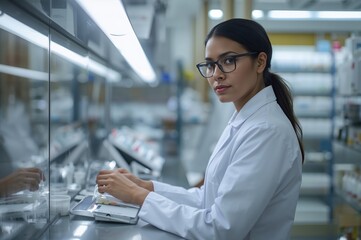 Pharmacist in white coat counts pills under bright fluorescent pharmacy lights