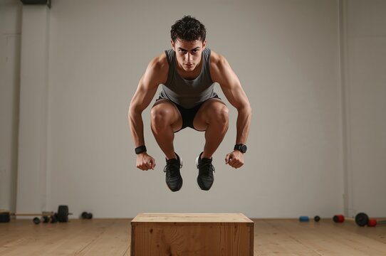 CrossFit athlete mid-jump over box in minimalist bright gym space