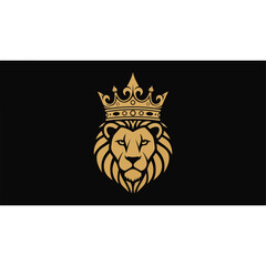 Golden Lion Head with Crown on Black Background.