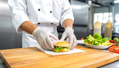 A chef in a spotless white uniform prepares a burger on a wooden cutting board, amidst fresh vegetables. Focus is on the hands and the sandwich being wrapped