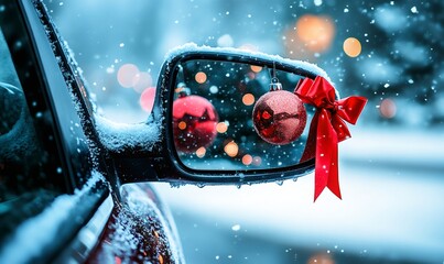 Car's side mirror reflecting a red christmas ornament and bow during a winter snowfall event