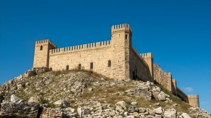 Fototapeta premium Majestic ancient stone castle fortress perched atop a rugged rocky mountain peak under a clear vibrant blue sky on a sunny day