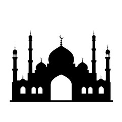 Striking silhouette of an elaborate mosque featuring minarets and domes against a bright backdrop vector on white background