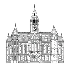 Ornate historical building with clock tower and spires