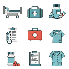 Medical icons set hospital healthcare equipment first aid kit uniforms and supplies flat design vector on white background