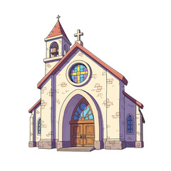 Charming cartoon church with a bell tower and stained glass window