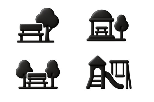 Minimalist Black Icon Set of Parks and Playgrounds Featuring Benches, Trees, and Equipment