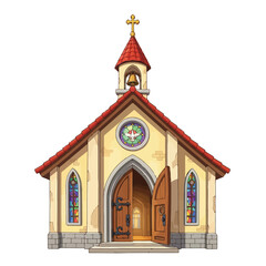 Cartoon church with red roof and bell tower isolated on white background