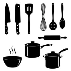 Silhouette kitchen utensils and cookware collection for culinary designs vector on white background