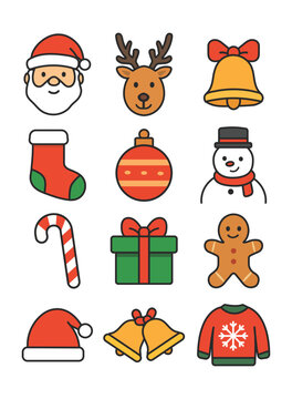 Collection of cute Christmas icons including Santa, reindeer, snowman, and gifts