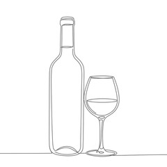 Elegant line drawing of wine bottle and glass minimalist beverage alcohol drink vector on white background