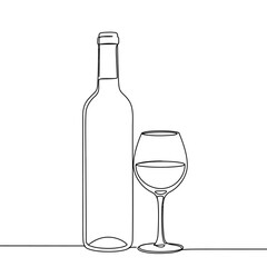 Simple line art drawing of a wine bottle and a full wine glass for elegant drink presentation vector on white background
