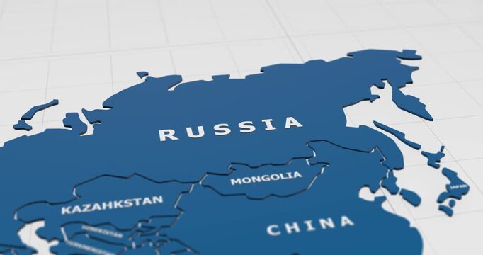 close-up 3d map of russia and eurasian continent 4k animation