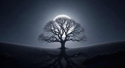 Ethereal Silhouette: Bare Tree Against a Radiant Full Moon