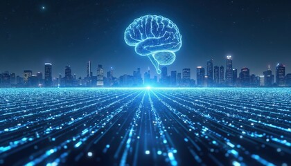 Glowing digital brain hovers over futuristic cityscape. Blue light streams create data pathways. Artificial intelligence concept for future tech.