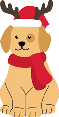Cute yellow dog with Christmas hat and deer antlers.
Puppy dressed for Christmas flat stock vector Illustration isolated.
Transparent background.