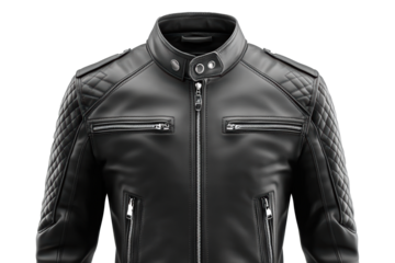 Black leather moto jacket with quilted shoulders and zip pockets.
