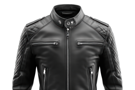 Black leather moto jacket with quilted shoulders and zip pockets.
