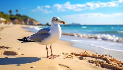 A close-up captures a coastal bird perched on the sandy shore, the bright sky and waves create a sunny backdrop