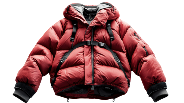 Red oversized puffer coat with layered insulated hood and collar.
