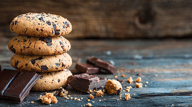Stack of chocolate chip cookies with crumbs and chocolate pieces on rustic wooden surface, showcasing delicious baked treats in a cozy setting