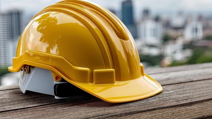Construction helmet placed on wooden surface with city skyline in background showcasing urban development and safety equipment
