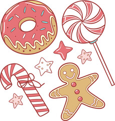 Cute Holiday Dessert Set Featuring Donuts, Gingerbread, and Candy Cane Vector