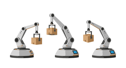 A set of industrial robotic arms with grippers holding cardboard boxes, representing automation in manufacturing and logistics technology