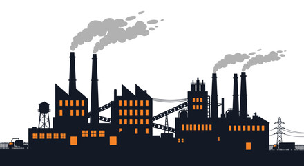 Obraz premium A detailed silhouette of a sprawling industrial factory complex, a manufacturing powerhouse with smoke billowing from smokestacks and glowing windows