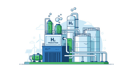 Illustration of a hydrogen production plant with wind turbines, representing green energy and sustainable fuel technology for a clean environment