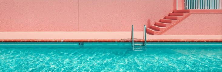 Obraz premium Bright Turquoise Water Shines Beside a Pastel Pink Wall and Steps During a Sunny Day by the Pool