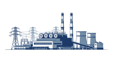 Obraz premium Vector illustration of a power plant with cooling towers and high voltage transmission lines for electricity generation on a white background