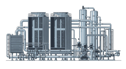 Obraz premium Industrial plant with tanks, pipes, and cooling towers, depicted in a technical illustration style.