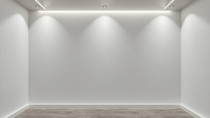An empty white room with hardwood floors is illuminated by three spotlights on the ceiling and recessed lighting around the perimeter creating a minimalist modern space.