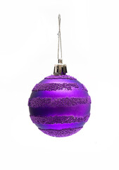 Purple Christmas ball ornament with textured glitter stripes on a white background.