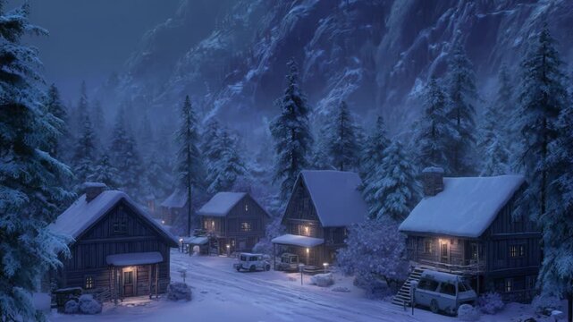 Snowy Mountain Village at Dusk: A Cozy Scene of Log Cabins Nestled Among Pine Trees, Illuminated by Warm Lights, Surrounded by Majestic Snow-Covered Peaks