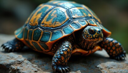 Obraz premium Small turtle rests on rock. Its shell displays unique orange and teal pattern. Reptile looks forward with curious eyes, showing detailed scales and claws.