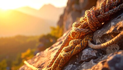 A close-up captures a coiled, textured rope draped over rugged rock, illuminated by warm sunlight. Distant mountains blur in the background, golden hues fill the sky